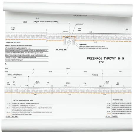 Rysunek techniczny projektu drogowego - plan sytuacyjny
